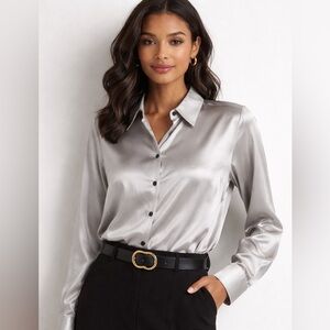 Elegant Satin Blouse — Alfani Silver Satin Blouse